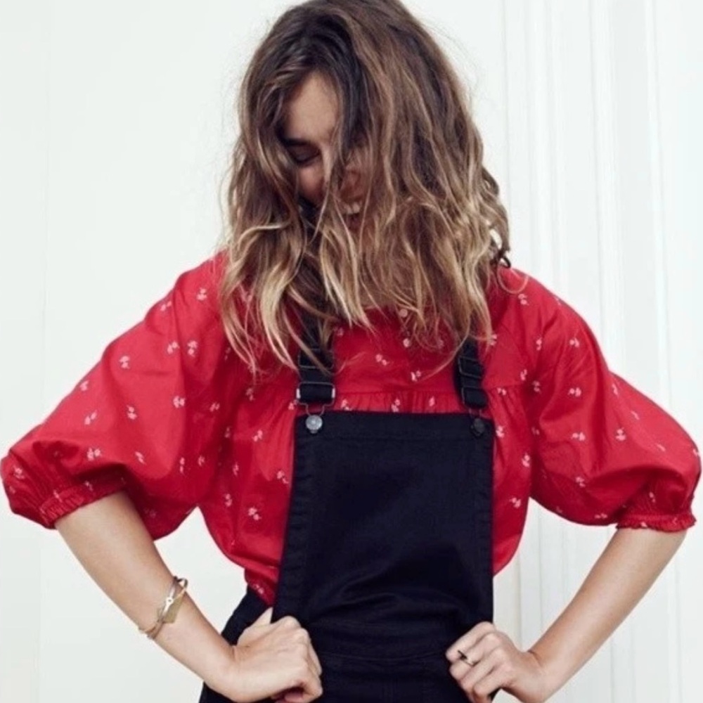 Madewell Shirred Peasant Cotton Red Sleeve Blouse | Size XS